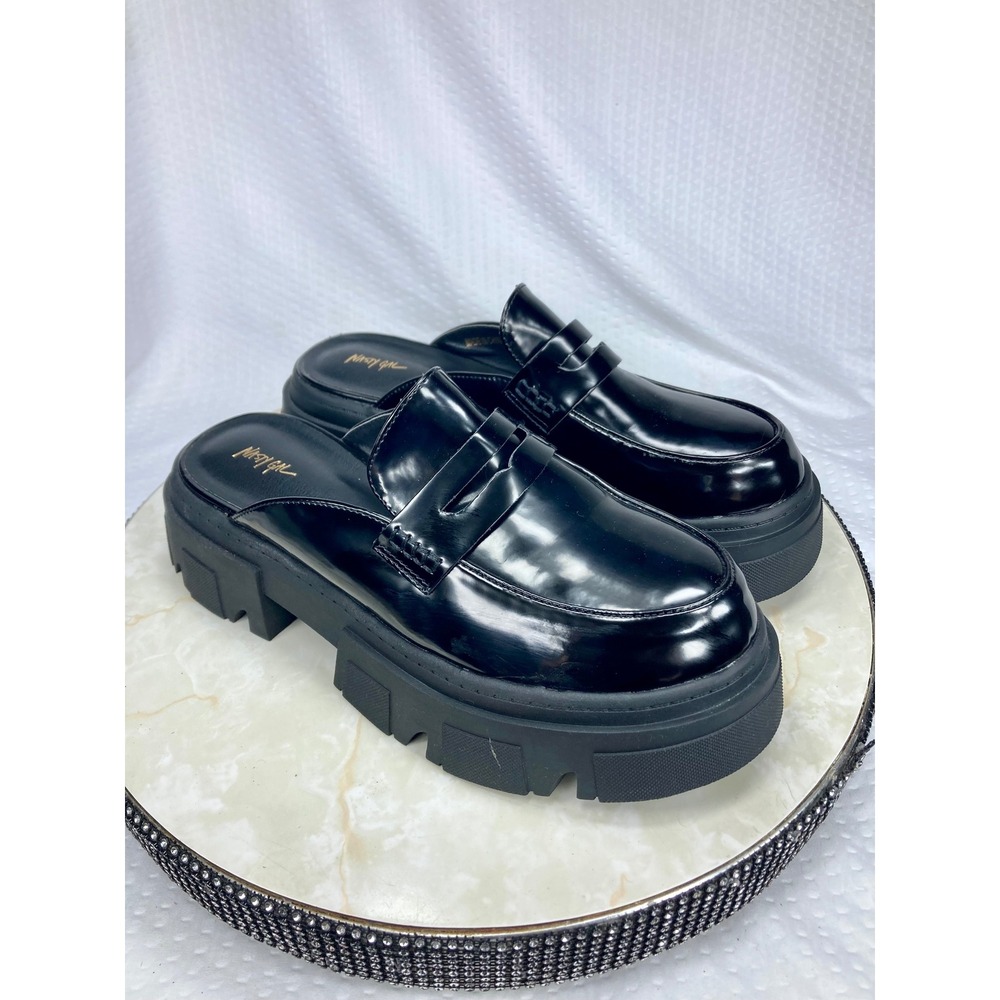 Nasty Gal Chunky Platform Penny Loafer Mules Women 7 Black Lug Sole Patent Edgy